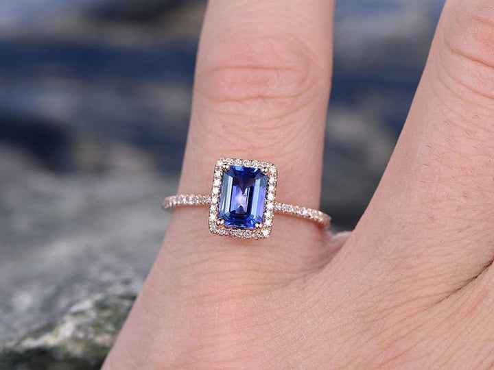 5x7mm Blue Tanzanite wedding ring-solid 14k rose gold ring-handmade diamond engagement ring-Emerald Cut gemstone promise ring,custom ring
