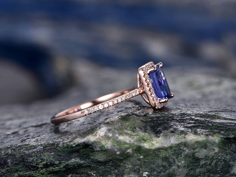 5x7mm Blue Tanzanite wedding ring-solid 14k rose gold ring-handmade diamond engagement ring-Emerald Cut gemstone promise ring,custom ring