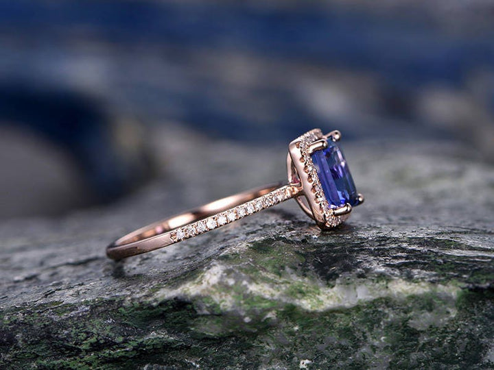 5x7mm Blue Tanzanite wedding ring-solid 14k rose gold ring-handmade diamond engagement ring-Emerald Cut gemstone promise ring,custom ring
