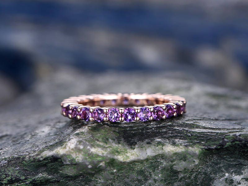 Natural 2mm round amethyst wedding ring band 14k rose gold unique antique full eternity matching band gift engagement bridal promise ring