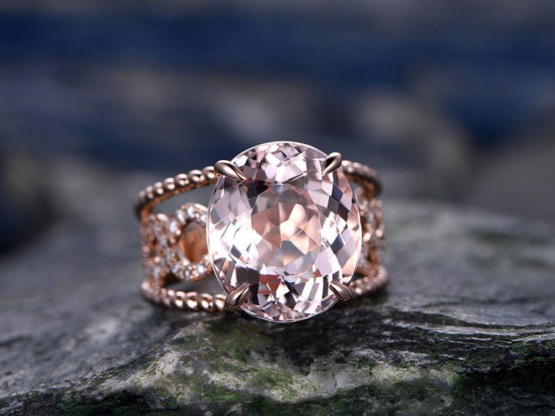 10x12mm Big Oval Morganite engagement ring- Solid 14k Rose gold  anniversary ring-Solitaire Stacking band- art deco floral promise ring