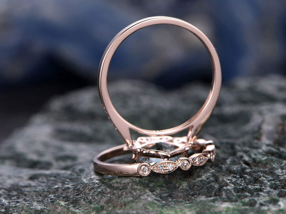 Cushion cut aquamarine engagement ring set aquamarine ring for women vintage rose gold diamond ring March birthstone ring bridal set gifts