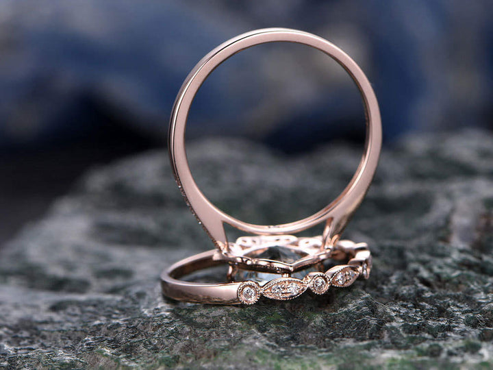 Cushion cut aquamarine engagement ring set aquamarine ring for women vintage rose gold diamond ring March birthstone ring bridal set gifts