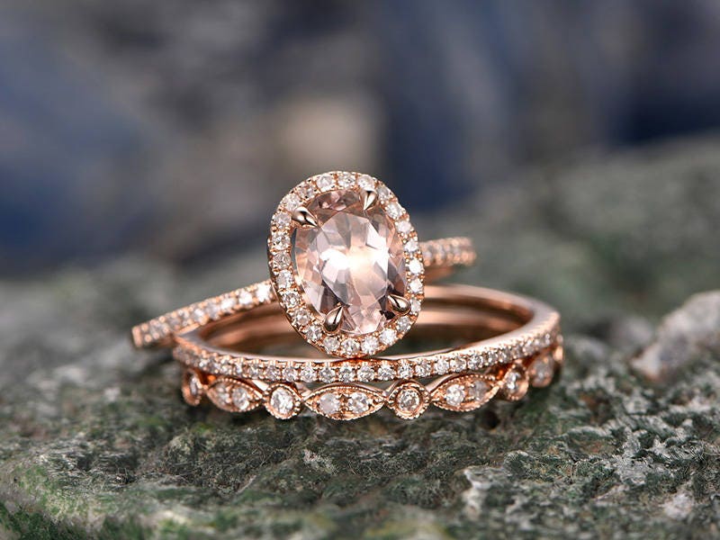 Oval Pink Engagement Rings Oval Rose Gold Engagement Set 3pcs