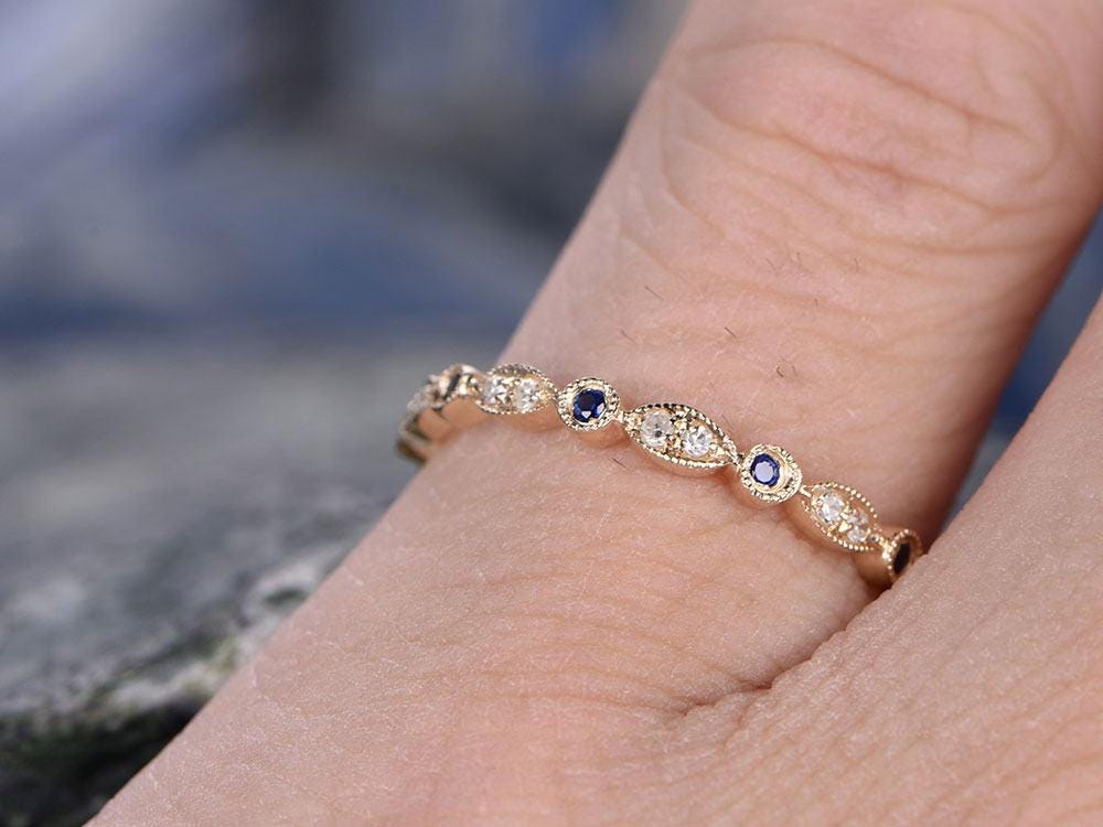 Blue Sapphire wedding ring-solid 14k Yellow gold-handmade petite diamond ring-Full eternity- Matching band-tiny stones Bezel Mircro Pave