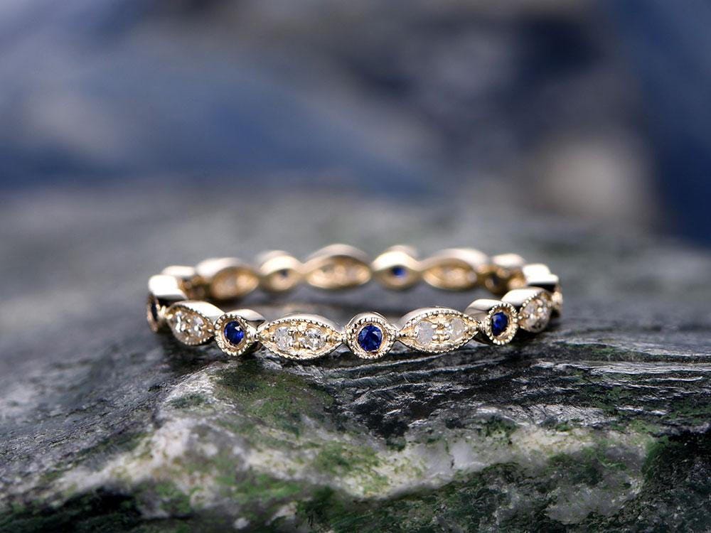Blue Sapphire wedding ring-solid 14k Yellow gold-handmade petite