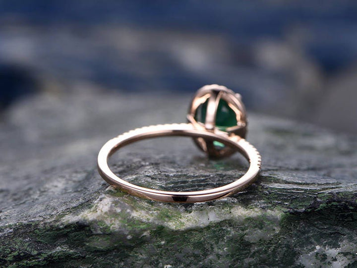 Oval cut green emerald engagement ring Halo engagement ring rose gold handmade diamond ring May birthstone ring halo ring anniversary ring