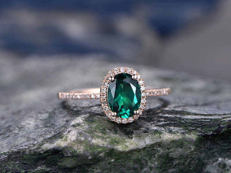 Oval cut green emerald engagement ring Halo engagement ring rose gold handmade diamond ring May birthstone ring halo ring anniversary ring
