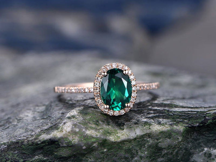 Oval cut green emerald engagement ring Halo engagement ring rose gold handmade diamond ring May birthstone ring halo ring anniversary ring
