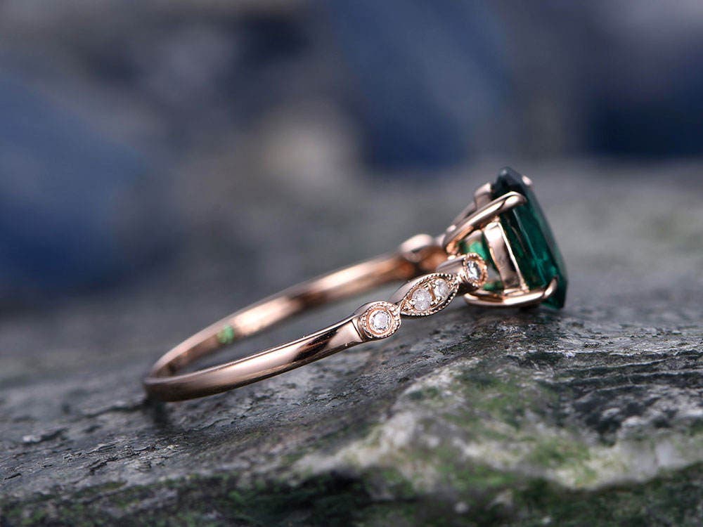 Green emerald engagement ring solid 14k rose gold 6x8mm oval cut emerald ring gold vintage art deco diamond ring bridal wedding promise ring