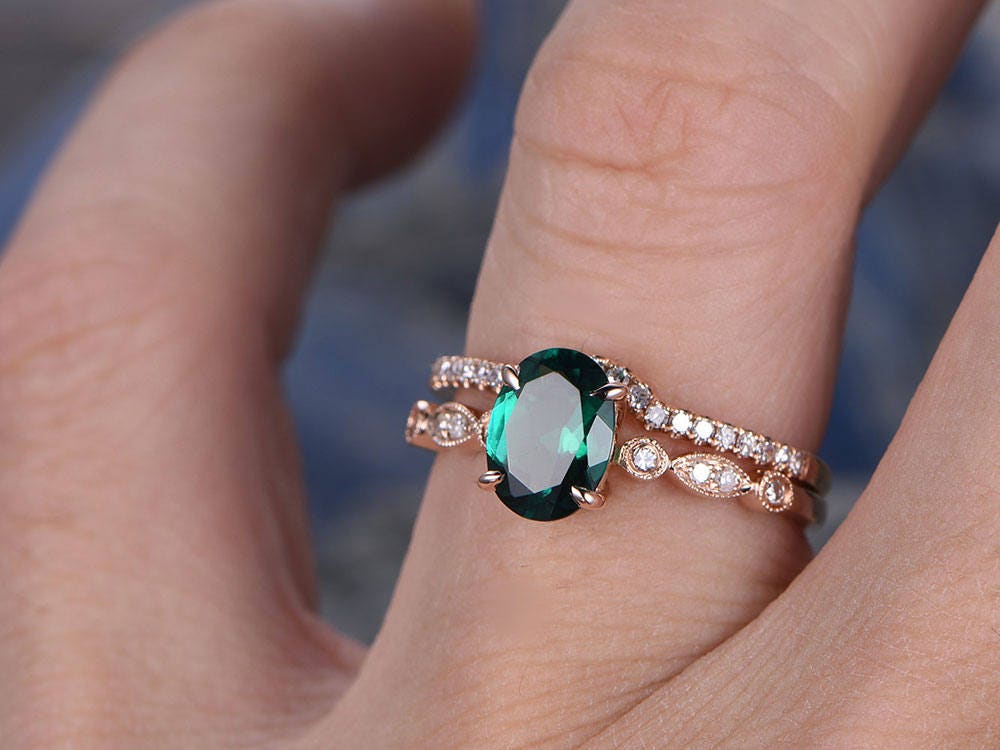 Emerald engagement ring set solid 14k rose gold diamond ring 2pcs oval matching antique marquise wedding bridal promise ring set for her