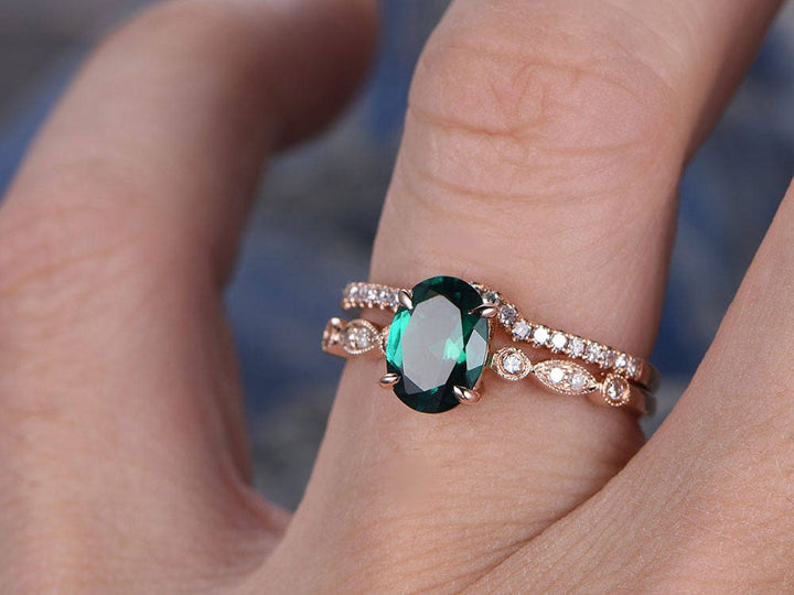 Emerald engagement ring set solid 14k rose gold diamond ring 2pcs oval matching antique marquise wedding bridal promise ring set for her