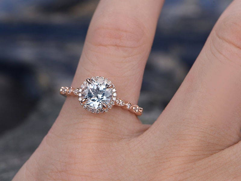 Blue aquamarine engagement ring solid 14k rose gold handmade diamond halo ring round art deco antique unique wedding bridal promise ring