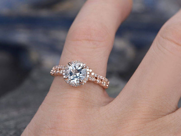 Vintage Blue Aquamarine Engagement Ring Set Solid 14k Rose Gold Handmade Art Deco Arched Diamond Rng Wedding Ring Set March Birthstone Ring
