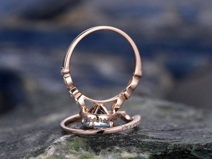 Vintage Blue Aquamarine Engagement Ring Set Solid 14k Rose Gold Handmade Art Deco Arched Diamond Rng Wedding Ring Set March Birthstone Ring