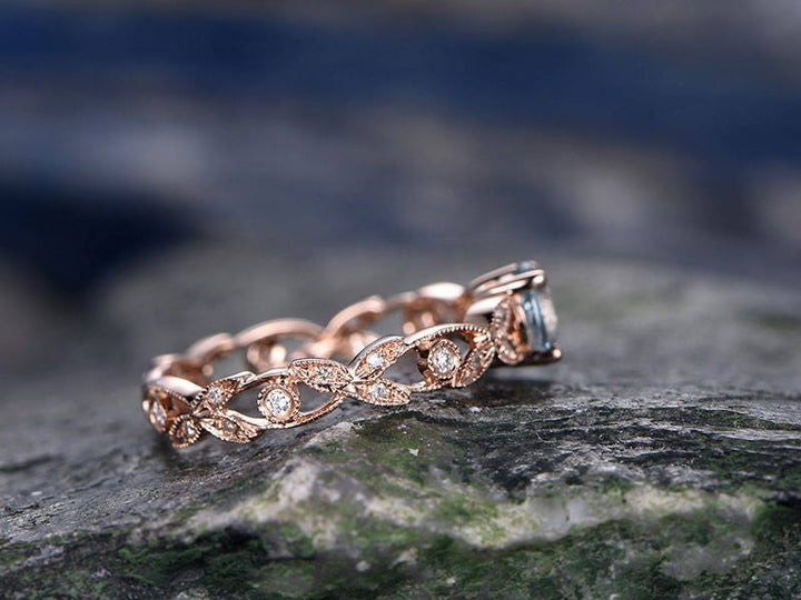 Blue aquamarine engagement ring solid 14k Rose gold full eternity diamond ring 5mm round cut flower unique antique gift bridal promise ring