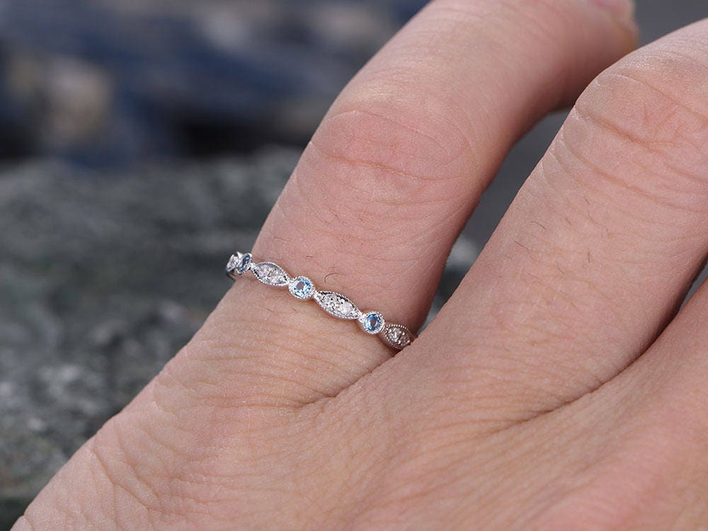 Blue topaz wedding ring 14k white gold diamond ring half eternity art deco marquise matching wedding band bridal anniversary promise ring