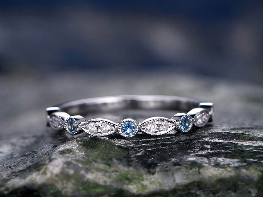 Blue topaz wedding ring 14k white gold diamond ring half eternity art deco marquise matching wedding band bridal anniversary promise ring