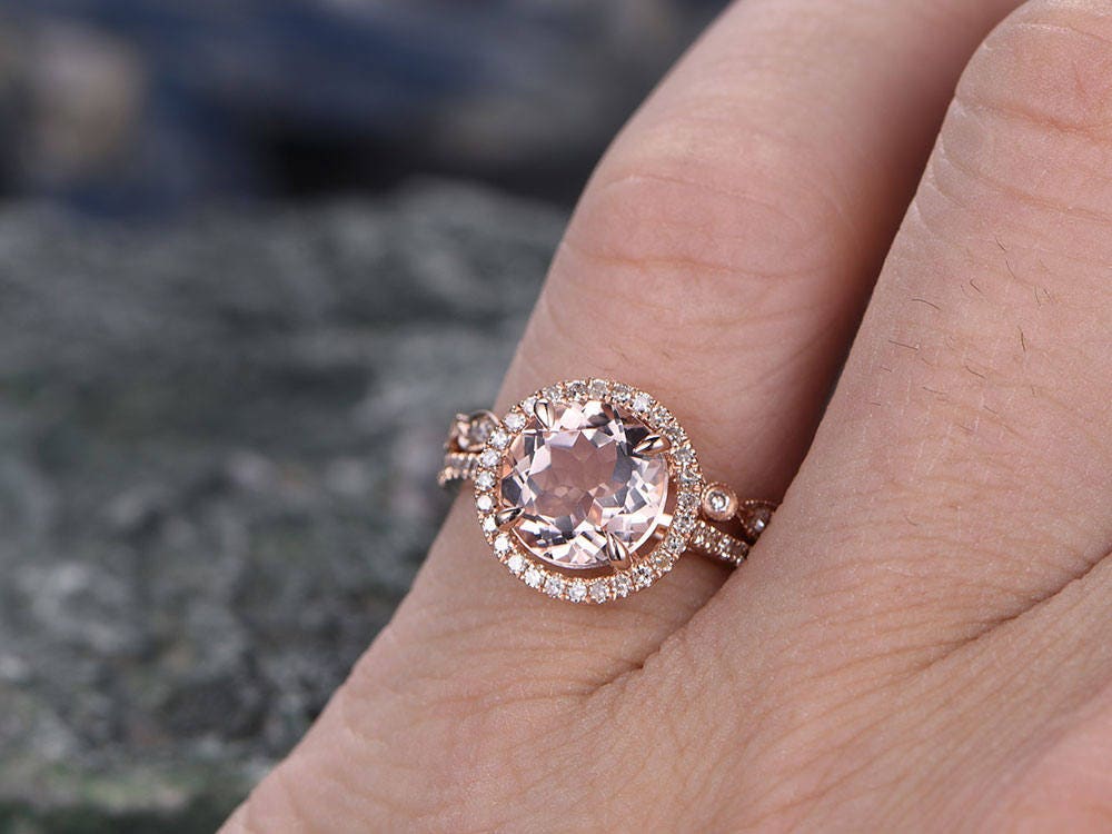 Morganite engagement ring- Solid 14k Rose gold ring-Real Diamond Ring-8mm Round gemstone promise ring-2pcs Bridal Ring set-halo wedding band