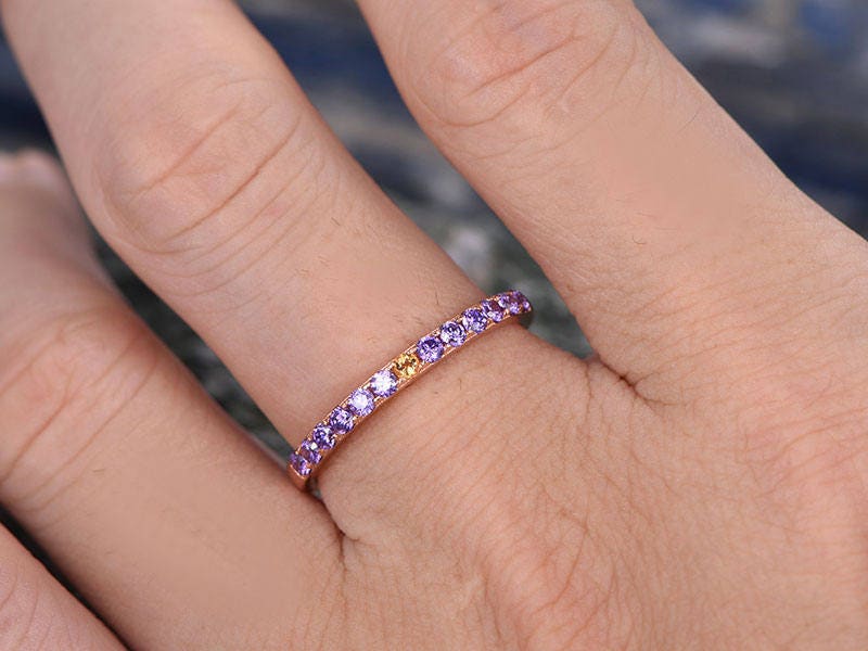 Natural 2mm Round Amethyst wedding ring with center Citrine-solid 14k Rose gold-handmade unique ring-halfeternity-Matching band-Birthstone