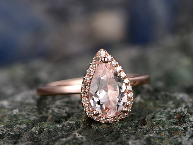 Morganite engagement ring handmade solid 14k rose gold ring solitaire stacking 5x7mm tear drop real diamond halo ring wedding promise ring
