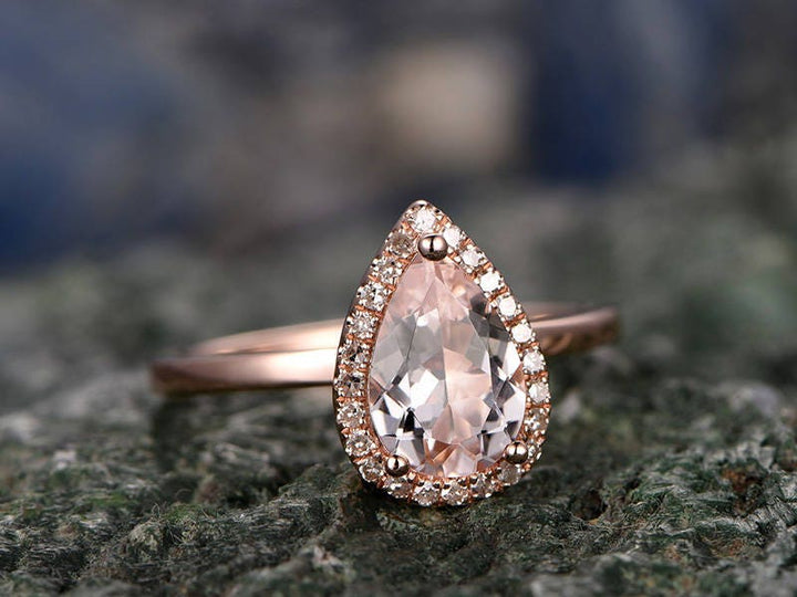 Morganite engagement ring handmade solid 14k rose gold ring solitaire stacking 5x7mm tear drop real diamond halo ring wedding promise ring