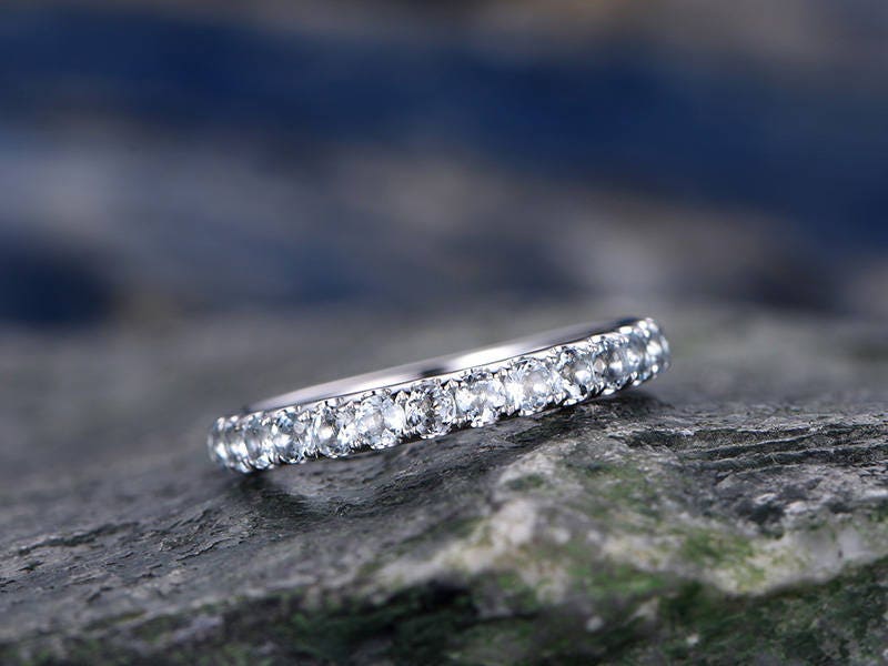 Natural Aquamarine engagement ring-Solid 14k white gold wedding band-half eternity stacking matching band-Round gemstone promise ring