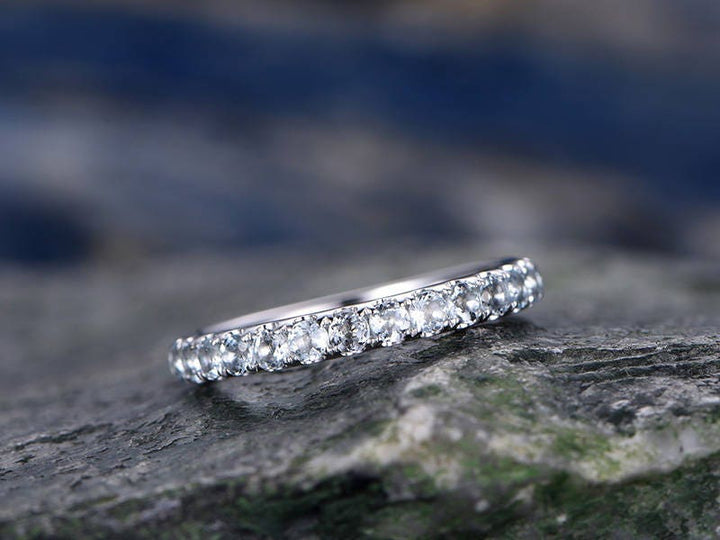 Natural Aquamarine engagement ring-Solid 14k white gold wedding band-half eternity stacking matching band-Round gemstone promise ring