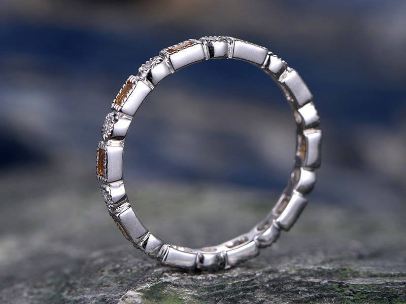 Natural Citrine wedding ring-solid 14k white gold-handmade unique ring-full eternity emerald cut cirtrine Matching band-diamond promise ring