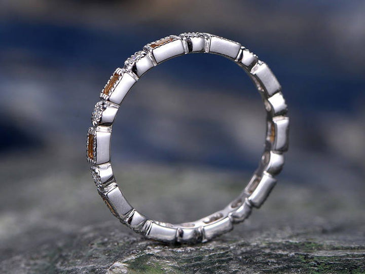 Natural Citrine wedding ring-solid 14k white gold-handmade unique ring-full eternity emerald cut cirtrine Matching band-diamond promise ring