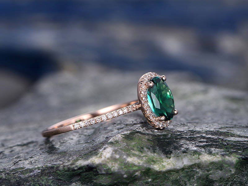 Oval cut green emerald engagement ring Halo engagement ring rose gold handmade diamond ring May birthstone ring halo ring anniversary ring