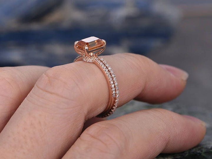 Citrine engagement ring set-Solid 14k rose gold-handmade Diamond Wedding ring-2PC Stacking ring-6x8mm emerald cut gemstone-yellow birthstone