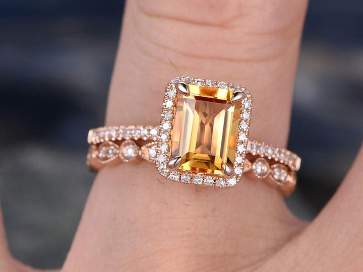 Emerald Cut Citrine engagement ring set-Solid 14k rose gold-Real Diamond Wedding ring-2PC Stacking ring-gemstone-yellow birthstone halo ring