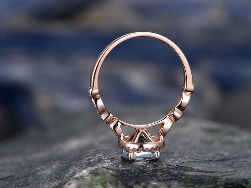 Blue aquamarine engagement ring solid 14k rose gold handmade diamond halo ring round art deco antique unique wedding bridal promise ring