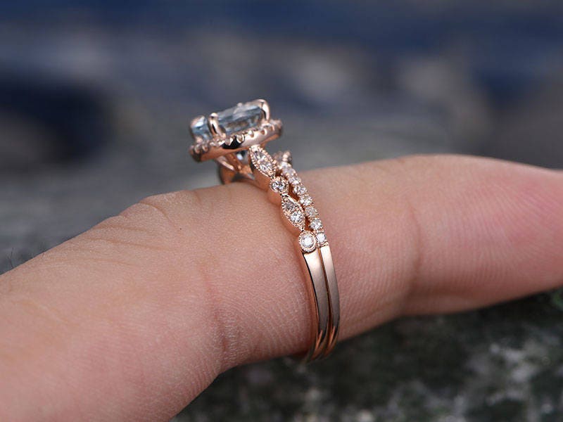 Vintage Blue Aquamarine Engagement Ring Set Solid 14k Rose Gold Handmade Art Deco Arched Diamond Rng Wedding Ring Set March Birthstone Ring