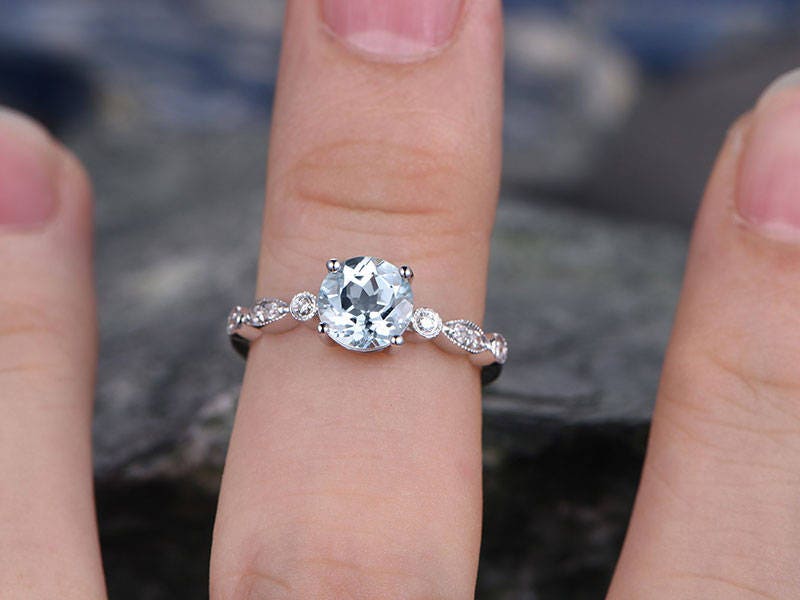 Blue aquamarine engagement ring solid 14k white gold handmade real diamond ring round art deco gift anniversary wedding bridal promise ring