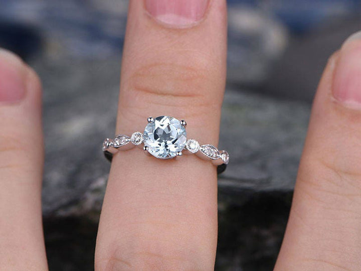 Blue aquamarine engagement ring solid 14k white gold handmade real diamond ring round art deco gift anniversary wedding bridal promise ring