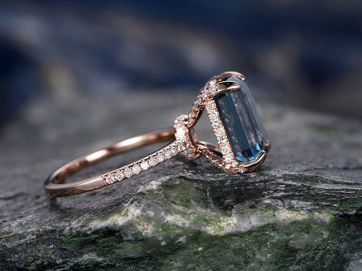 Vintage unique engagement ring under halo basket diamond ring emerald cut London blue topaz engagement ring 14k rose gold topaz ring gold
