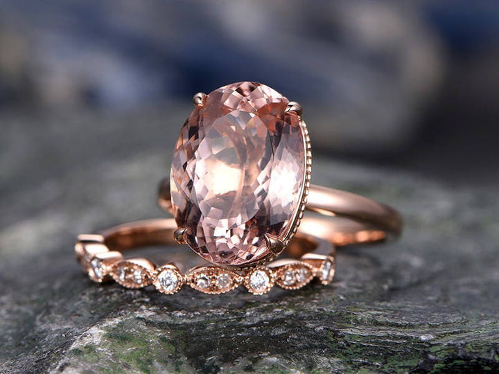 11x14mm pink morganite engagement ring handmade solid 14k rose gold wedding ring real marquise diamond band promise ring 2pc bridal ring set