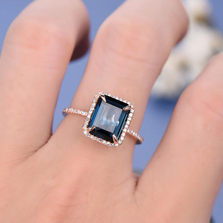 Vintage 8x10mm Emerald Cut London Blue topaz engagement ring topaz ring solid 14k rose gold diamond halo ring bridal wedding set jewelry
