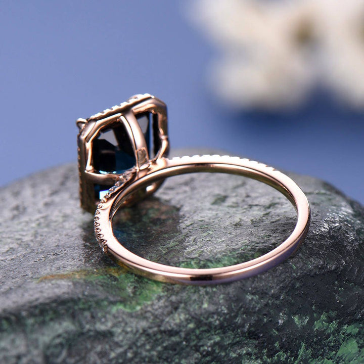 Vintage 8x10mm Emerald Cut London Blue topaz engagement ring topaz ring solid 14k rose gold diamond halo ring bridal wedding set jewelry