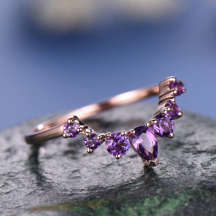 Natural amethyst wedding ring band 14k rose gold unique half eternity vintage petite curved crown matching promise engagement bridal ring