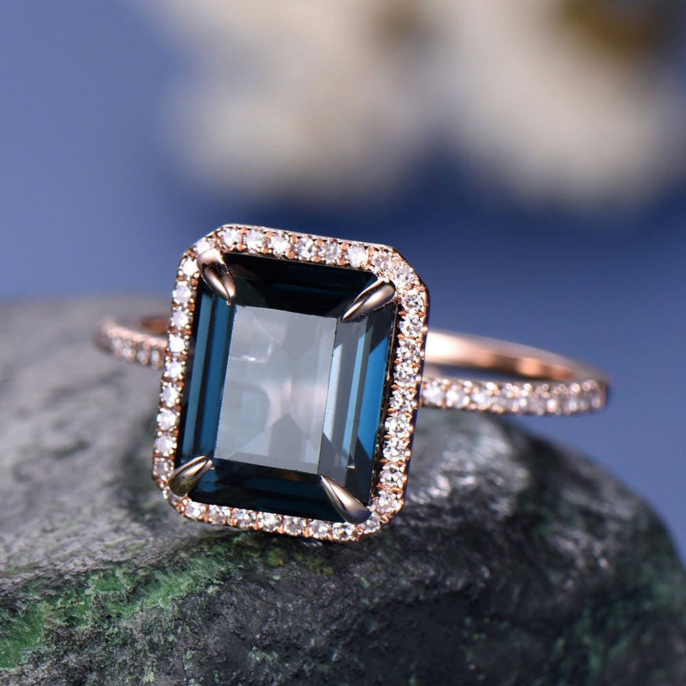 Vintage 8x10mm Emerald Cut London Blue topaz engagement ring topaz ring solid 14k rose gold diamond halo ring bridal wedding set jewelry