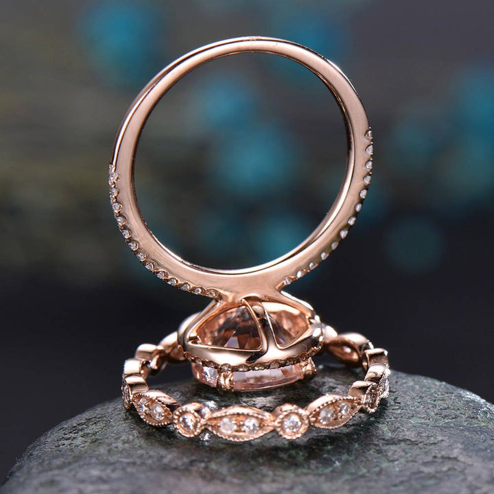 Vintage unique round cut Morganite engagement ring set solid 14k rose gold halo full eternity marquise diamond promse wedding ring set women