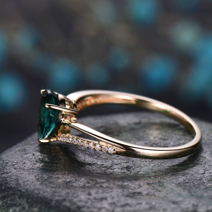 Pear cut emerald engagement ring 14k yellow gold diamond ring split shank stacking band gift unique antique wedding promise anniversary ring