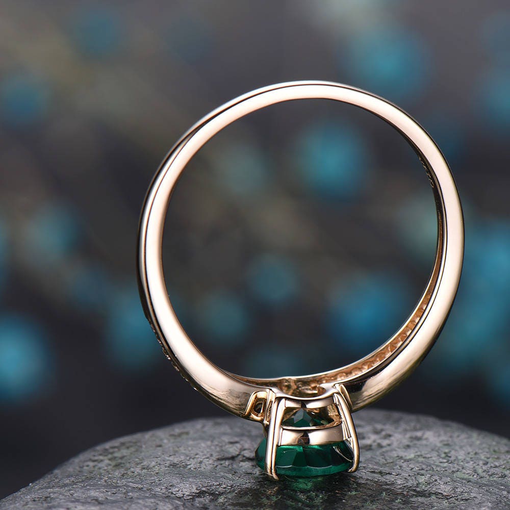 Pear cut emerald engagement ring 14k yellow gold diamond ring split shank stacking band gift unique antique wedding promise anniversary ring