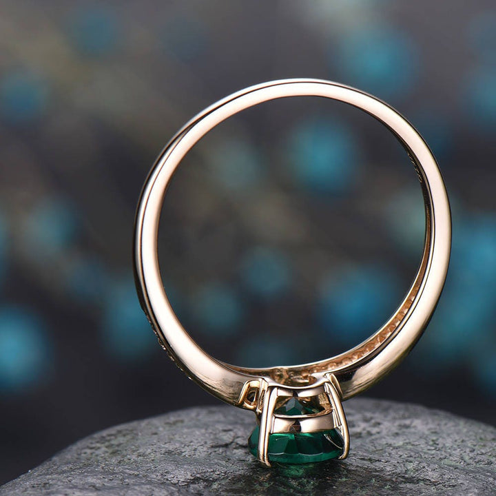 Pear cut emerald engagement ring 14k yellow gold diamond ring split shank stacking band gift unique antique wedding promise anniversary ring