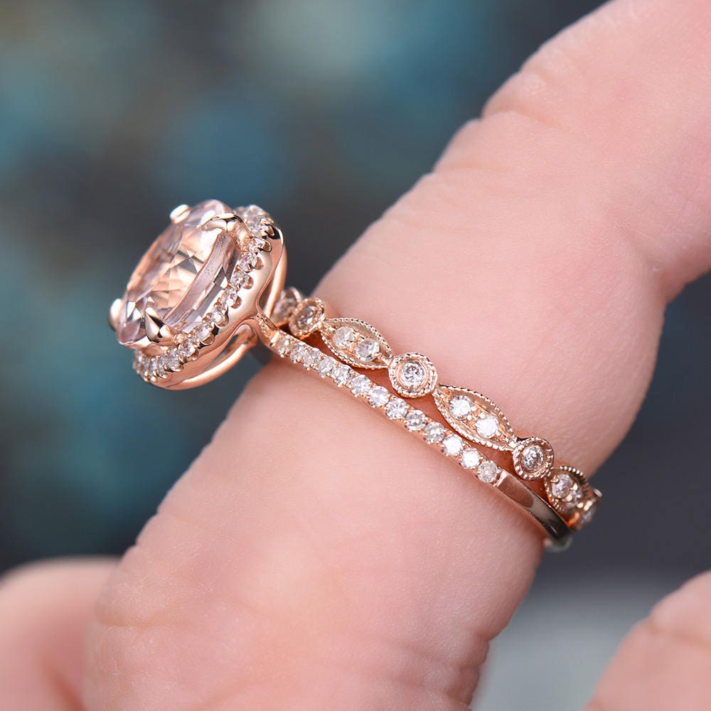 Vintage unique round cut Morganite engagement ring set solid 14k rose gold halo full eternity marquise diamond promse wedding ring set women