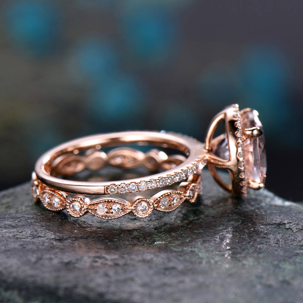 Vintage unique round cut Morganite engagement ring set solid 14k rose gold halo full eternity marquise diamond promse wedding ring set women