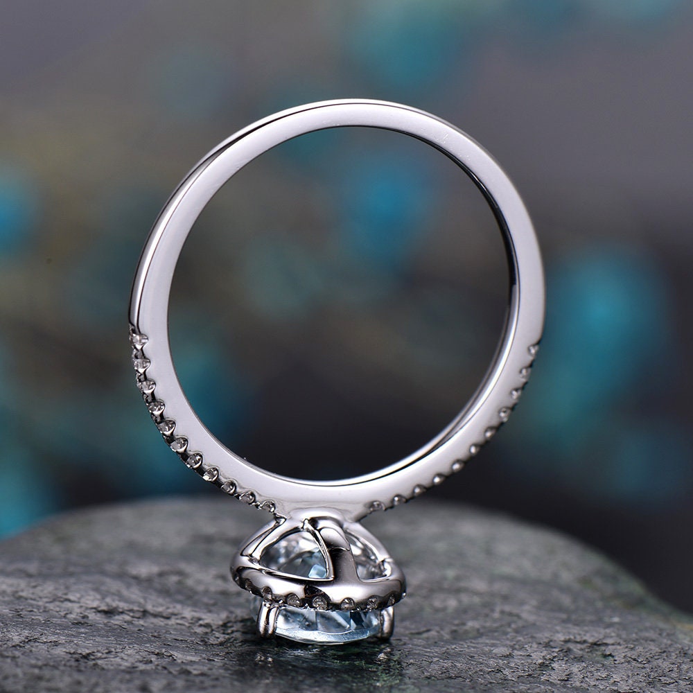 Aquamarine engagement ring-Solid 14k white gold-handmade diamond band ring-Stacking thin ring-6x8mm pear shape gemstone promise ring